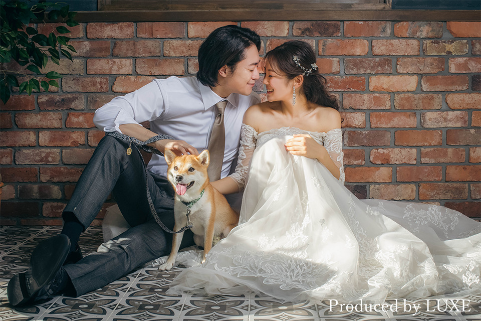フォトウェディング専門のブライダルフォトスタジオLUXE MATSUYAMA –リュクス松山- のペットの犬と新郎新婦のイメージカット
